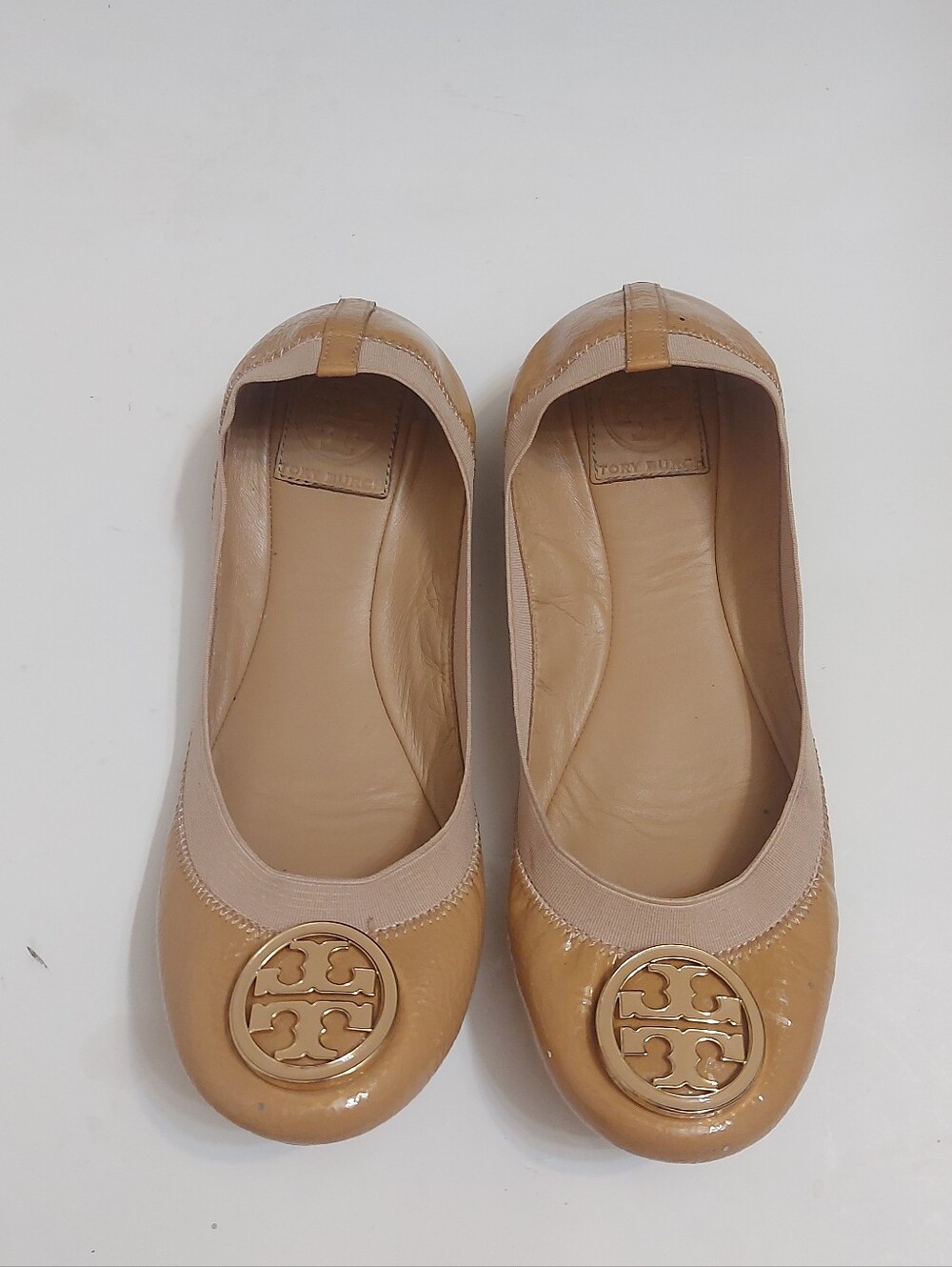 Tory Burch Beige Patent Logo Ballet Flats